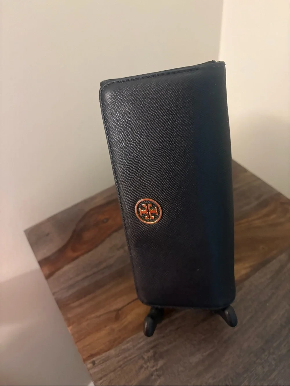 Tory Burch Black Leather Continental Wallet with Gold Logo